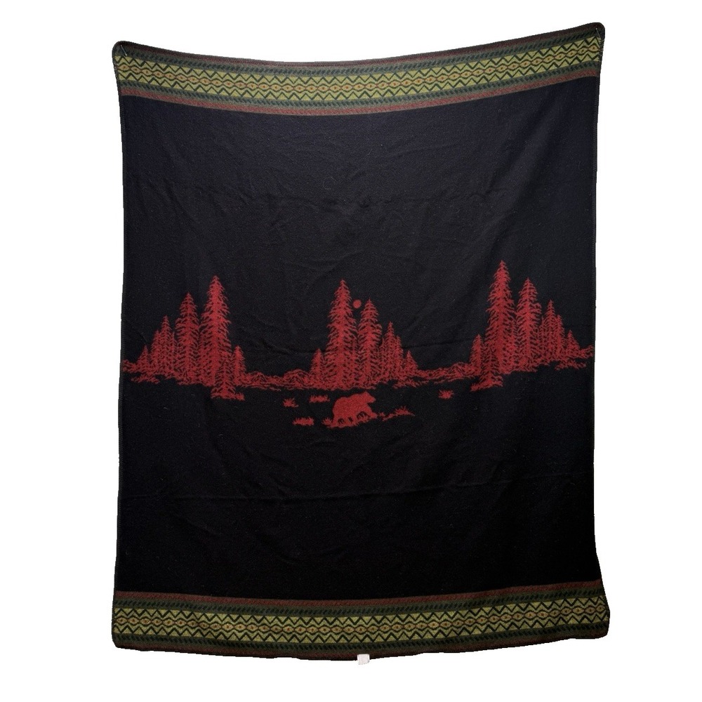 Wooded River Throw Blanket Wool Blend USA Red Black Bear Scene 72" X 60" - Picture 5 of 9